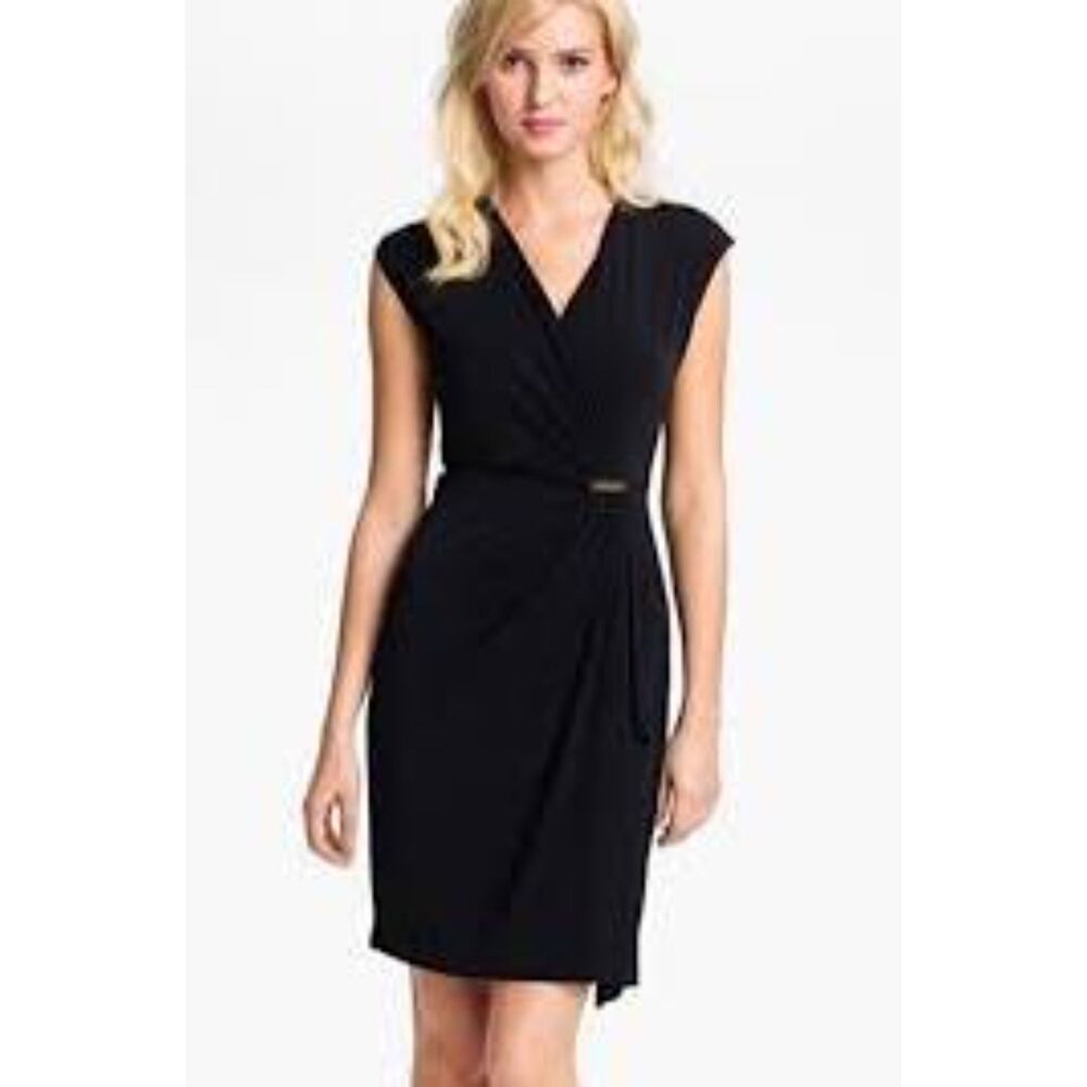 Michael Kors Faux Wrap Ruched Pleated Sheath Dress Black V-Neck Women's XL